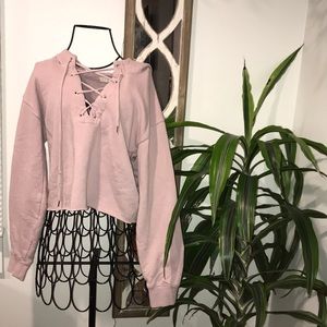 LA Hearts Cropped Lace Up Hoodie Sweatshirt